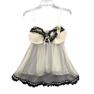 Babydoll Size M Cream Lingerie Black Lace Adjust Nighty Straps Underwire New